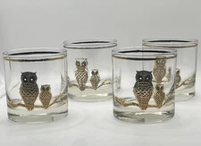 Vintage  Set of 4 Culver MCM Signature Owl Gold Low Ball Glasses 3 1/4" READ