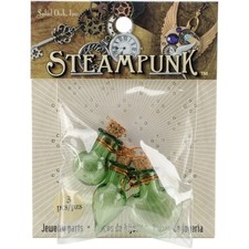 Solid Oak Steampunk Glass Accents 3/Pkg-Fancy Green Bottles - 3 Pack