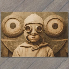 POSTCARD Sepia Pilot Goggles Child Creepy Eyes Portrait Odd Steampunk Vibe