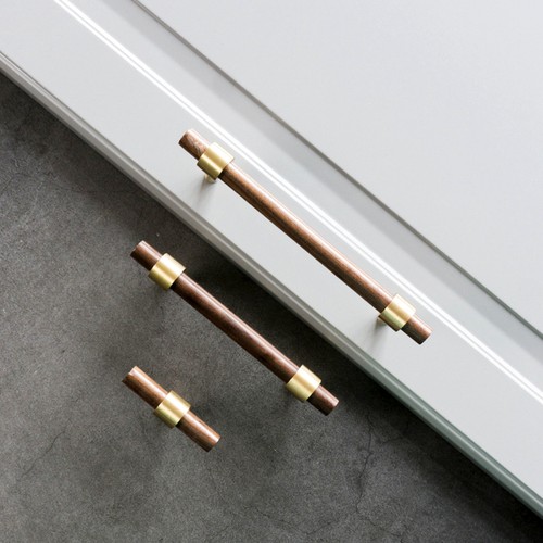 Retro Walnut Wood Cupboard Door Handles Brass Kitchen Cabinet Drawer Knobs Pulls - Picture 13 of 29