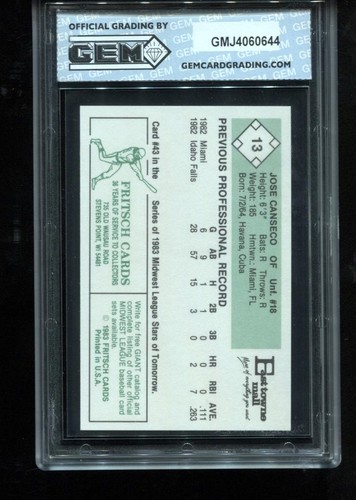 Jose Canseco Rookie 1983 Fritsch #13 Madison Muskies Minor League RC GEM MINT 10 - Picture 2 of 2