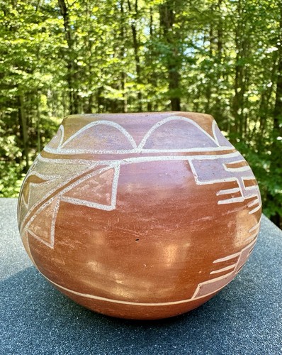 Santa Clara Pueblo Pottery Signed “Madeline” Redware Jar With Abstract Motif 4” - Picture 9 of 20