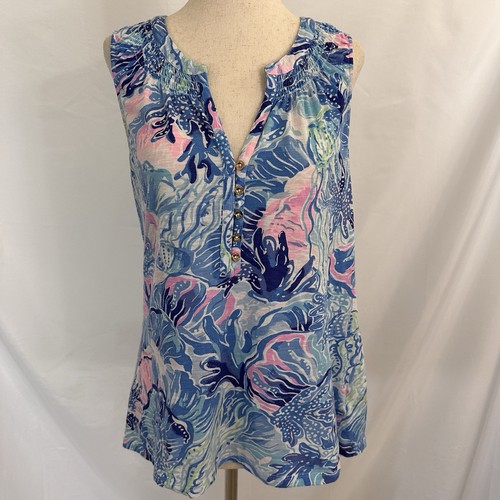 LILLY PULITZER Essie Tank Top LARGE Shade Seekers ärmellos gesmokt blau pink