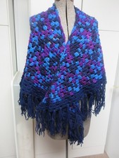 1970s hippy Blue  Purple Crochet Shawl w/ Fringe vintage