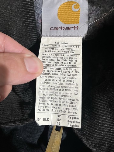 CARHARTT J01 BLK USA 52 R Black Blanket Lined Detroit Jacket Embroidered Logo - Picture 14 of 17