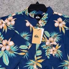 Quiksilver Hawaiian Button Up Shirt Mens Large Tropical Floral Navy Blue NEW