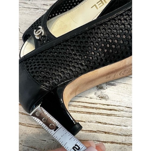 Chanel Women's Black Mesh Peep Toe Heels with Pearl CC Logo Size 5 - Picture 15 of 15