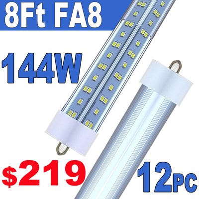 12Pack T8 8FT LED Tube Light Single Pin FA8 144W 6500K LED Shop Light Bulb 8Foot