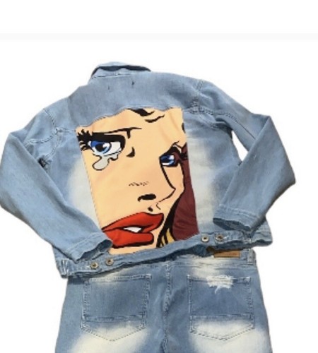 Vintage Y2K Focus Denim Set Comic Patchwork Blue Jacket Size 2X Jeans 38 X 32 - Picture 10 of 16