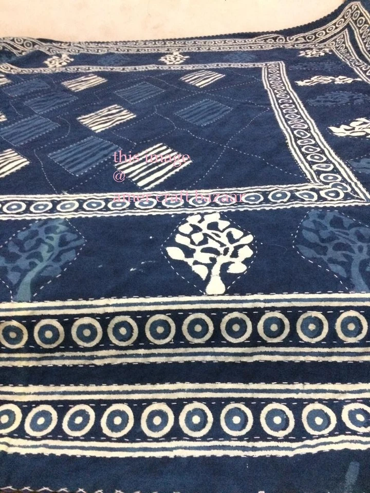 Colcha queen azul índigo Kantha indiana reversível colcha cobertor de cama - Imagem 3 de 4