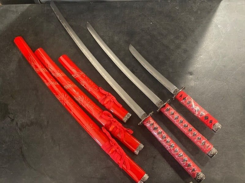 40.5" Red Carved 3Pc Dragon Sword Katana Sword Set WF 1215 - Picture 4 of 7