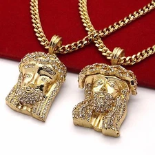 Mens 14k Gold Plated 2 Jesus Pendant Cubic-Zirconia 30" 24" Cuban Chain