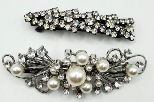Brilliant Large Hair Clips Silver Tone Shiny Stones Beautiful Hair Barrettes - Picture 3 of 6