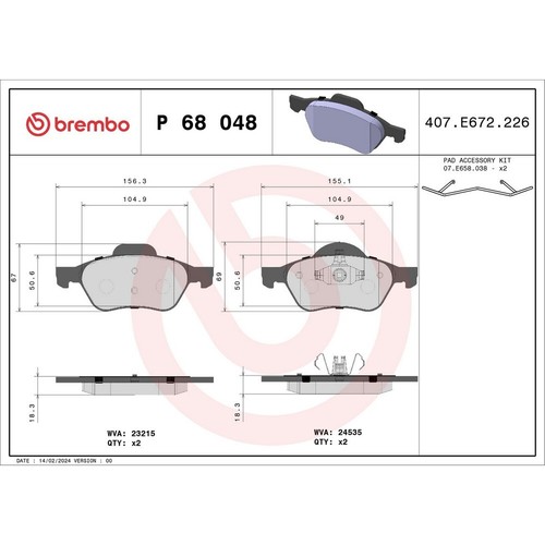 BREMBO P68048X Bremsbeläge Satz für Renault Megane II Scénic Coupé-Cabriolet Hat - 第 1/2 張圖片