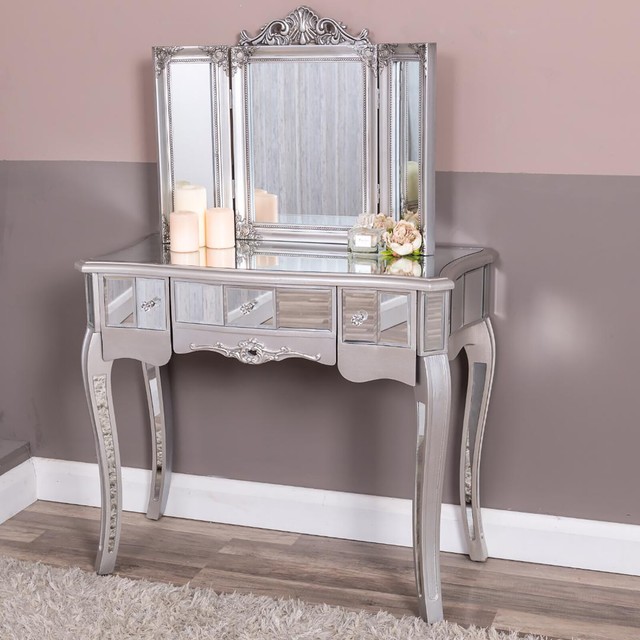 Mirrored Silver Dressing Table Ornate Triple Mirror Makeup Glass Chic Bedroom