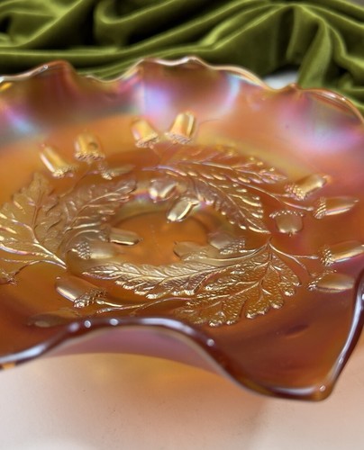 Vintage Carnival Glass Bowl Acorns Design Marigold Fluted Sundae Fenton 🧡 - Picture 2 of 18