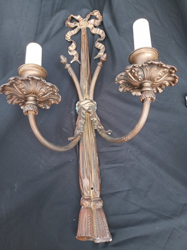 set 3 Antique Bronze pair French Bow Ribbon Tassel Wall Sconces Caldwell era 24" - Picture 3 of 18