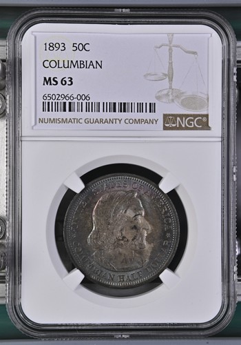 1893 50C COLUMBIAN HALF DOLLAR NGC MS63 SILVER COMEMMORATIVE COIN RAINBOW TONING