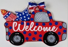AMERICANA RED TRUCK w/Polka Dots 4th of July SIGN Wall Art Door Hanger Plaque