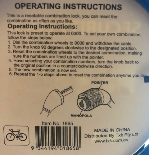 BIKE COMBINATION SECURITY 4 DIGIT LOCK, PVC COATED STEEL CHAIN, RESETABLE - Picture 3 of 3