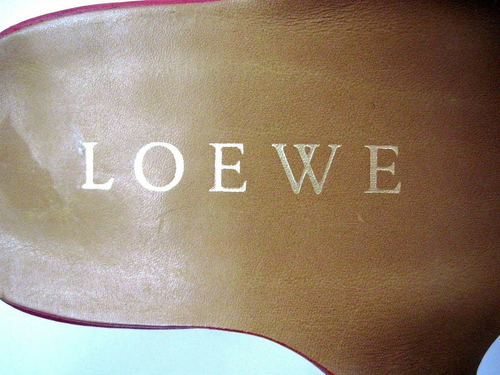 LOEWE Dark Raspberry Leather Gold Tone Accent Double Strap Heeled Sandals Sz 37 - Picture 3 of 7