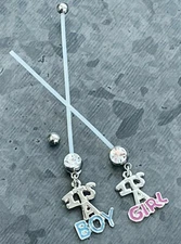 LONG 2" Bioflex Pregnancy Belly Ring It's a Boy or Girl Maternity Navel Naval