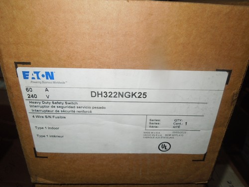 Eaton DH322NGK25 Heavy Duty Fusible Safety Switch 60A 4W 240V Type 1 Enclosure - Picture 2 of 5