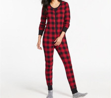 LL Bean Women Cotton Waffle One Pc Pajama XL Red/Black Check NWT 89