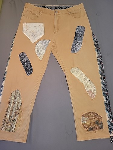 Reworked IronCo Mens Khaki Pants Flare Upcycle Sz 38 X 28 Dopamine Patched OOAK  - Picture 1 of 16