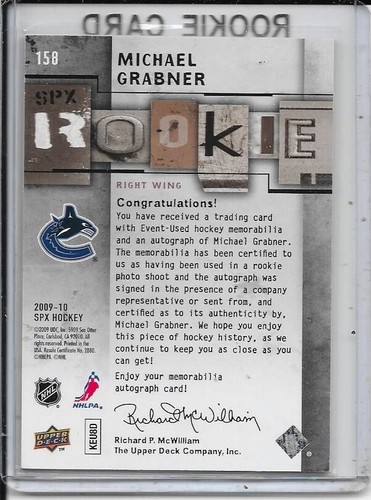 Camiseta deportiva de novato de Michael Grabner 2009-10 SPx/automática # 158 #d/799 - Imagen 2 de 2