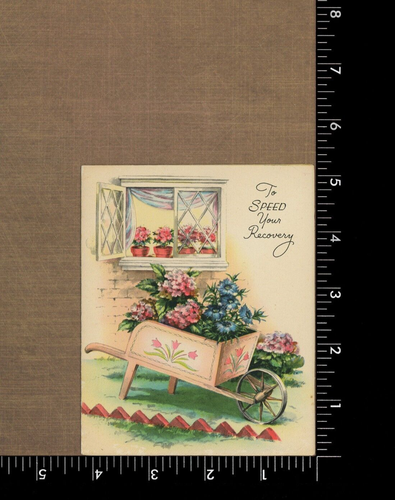 Unused Vintage 1950s The Wishing Well GET WELL Card, Garden Flowers Wheelbarrow - Bild 4 von 5