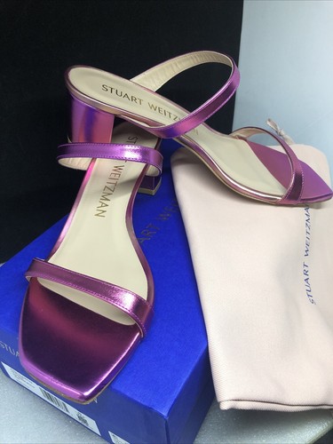 Stuart Weitzman Aleena Sandal Shoe Square metallic hot pink Block Heel party 9.5 - Picture 2 of 6