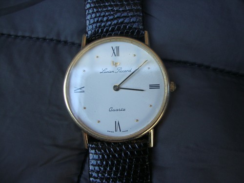 Mens Lucien Piccard 14K Gold Watch Roman Numeral Sapphire Crown - Picture 10 of 10