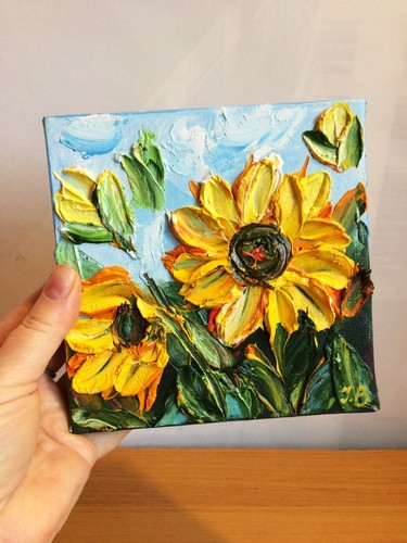 Pintura al óleo floral sobre lienzo. Arte girasol. Flor amarilla. Cuadro Ucrania - Imagen 6 de 11