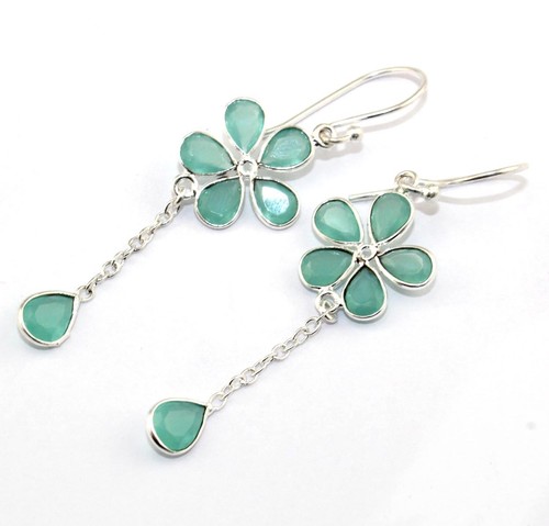 Pear Chalcedony Hydro Quartz Hook Silver Plated Long Chain Drop Dangle Earring - Picture 10 of 10