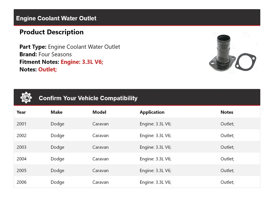 Para Dodge Caravan 2001-2006 3,3 L motor V6 salida de agua refrigerante 4 estaciones 2002 Foto 2 de 4
