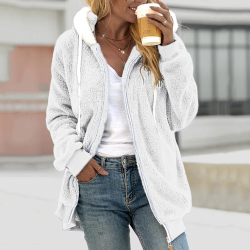 Womens Full Zip Up Sherpa Hoodie Fuzzy Fleece Jacket Oversized Fluffy Coat - Picture 16 of 16
