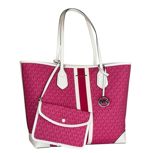 MICHAEL KORS EVA LARGE TOTE TRAVEL BAG + 1 POUCH CENTER STRIPE MK DRAGON FRUIT - Picture 10 of 13