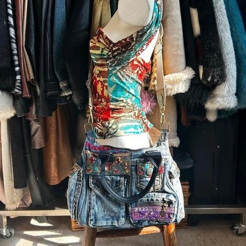 Vintage acid wash blue and multicoloured denim desigual bag - Picture 3 of 8