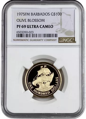 1975FM Olive Blossom Gold Barbados NGC PF 69 UC $10 Proof Coin 0.0998 oz