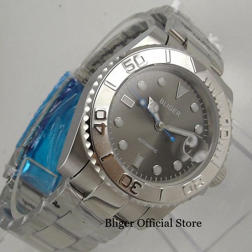 BLIGER NH35 PT5000 Sapphire Glass Polished Strap Gray Dial Automatic Mens Watch - Picture 6 of 28