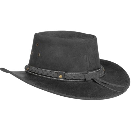 Real Leather Cowboy Hat Mens Vintage Chinstrap Australian Western Style Bush Hat - Picture 30 of 89