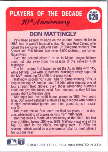 Don Mattingly 1990 Fleer #626 Carta da baseball - Foto 2 di 2