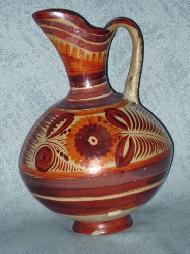 Vintage Mexican Handmade Pottery Pitcher Canelo Burnished Red Brown Floral 12" - Picture 3 of 8