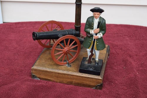 Revolutionary War Cast Iron Model Cannon & Soldier Table Lamp Wooden Base 21" - Picture 8 of 8