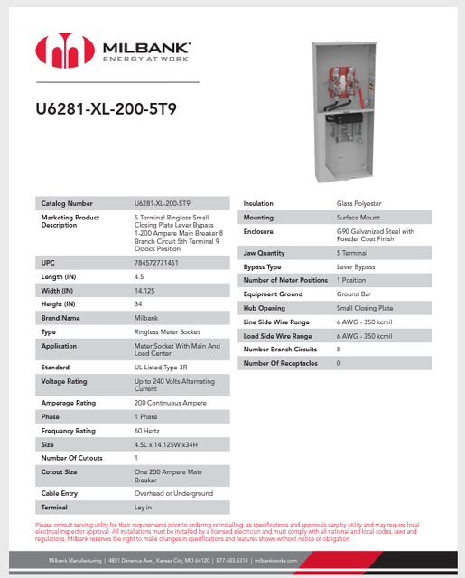 Milbank U6281XL2005T9 200 Amp 1Phase 240V AC Ringless Meter Socket
