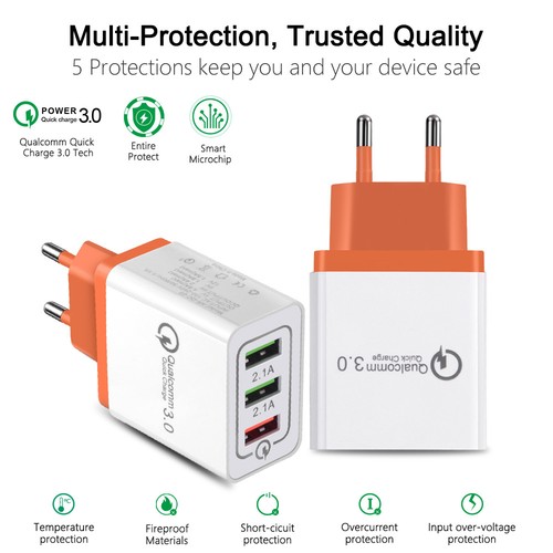 Universal Quick Charger 3.0 USB 5V Qualcom Phone US EU Plug Mobile Power 3 Ports - Zdjęcie 6 z 13