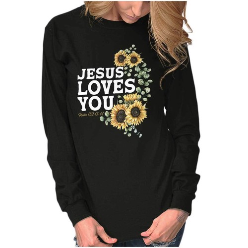 Christian Faith Jesus Loves You Sunflowers Long Sleeve T Shirt Tees For Women - Picture 7 of 7