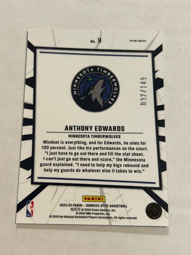 2023-24 DONRUSS OPTIC ANTHONY EDWARDS 37/149 MY HOUSE LIME GREEN PRIZM SP M1 - Picture 2 of 2