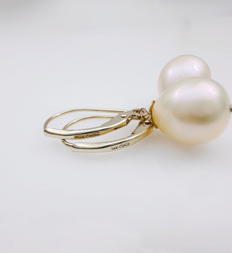 Estate 14K Yellow Gold Leverback Teardrop Peach Pearl Drop Dangle Earrings, 2.5g - Picture 12 of 16